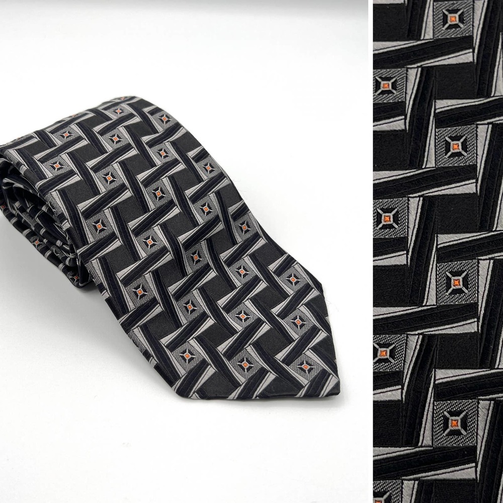 XMI Platinum Men's Italian Silk Tie Geometric Black Gray Made in USA 3.5" EUC!